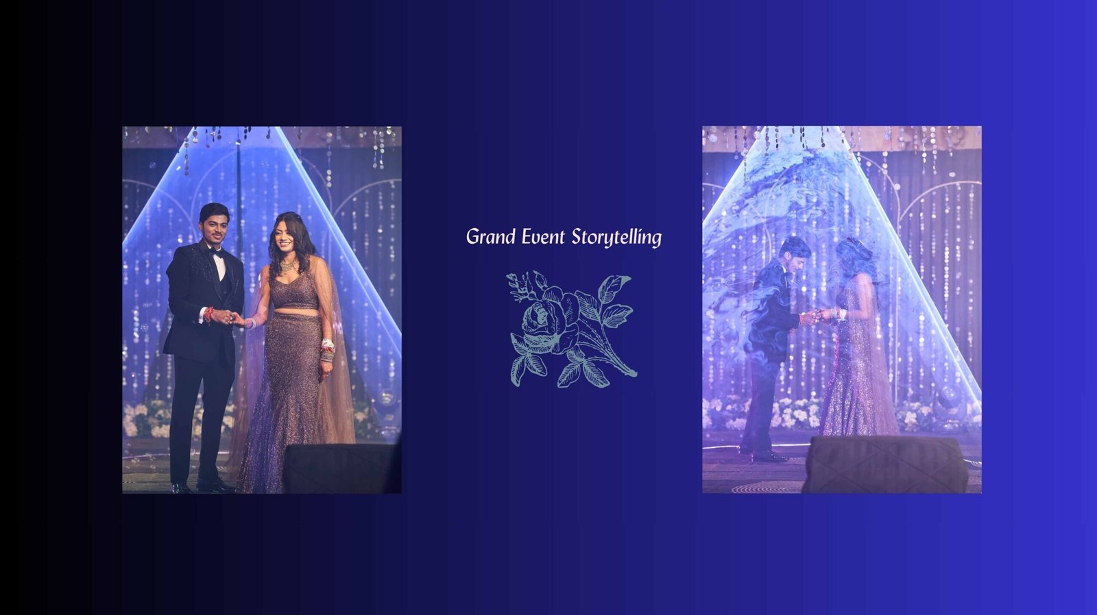 Saurabh and Meghna grand engagement stage exchange of rings with cinematic blue lighting by Viresh Studio