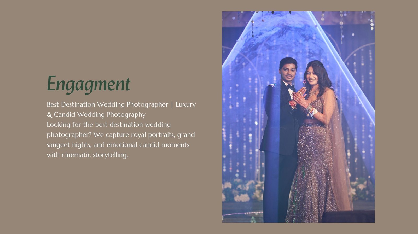 Romantic couple portrait with elegant stage backdrop and professional styling