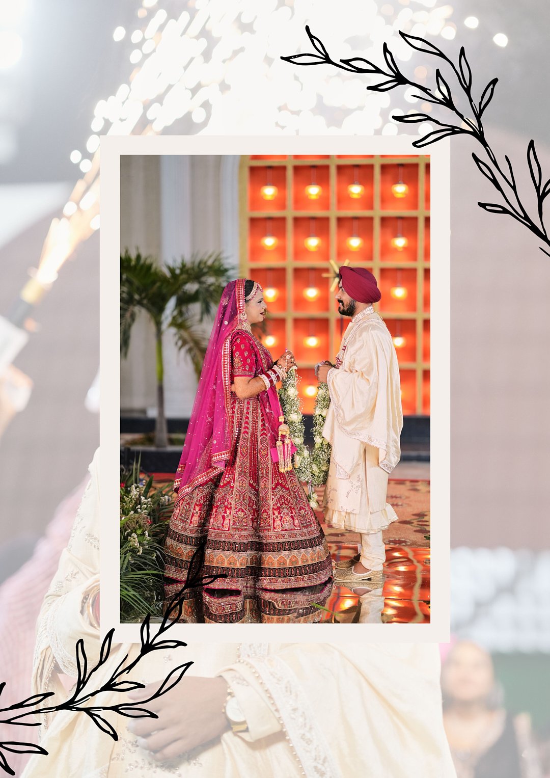 Regal Punjabi bride and groom portrait during traditional wedding ceremony in a Jaipur heritage venue."