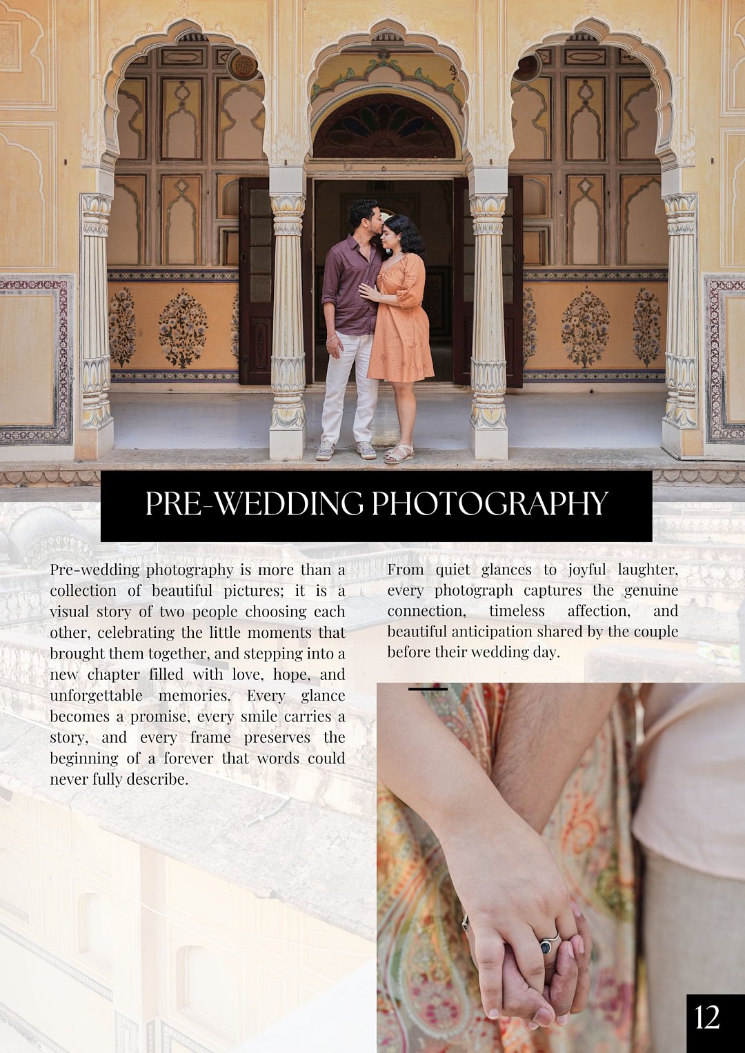 Pre-wedding photography portfolio collage featuring cinematic couple poses and scenic Jaipur heritage views by Viresh Studio.