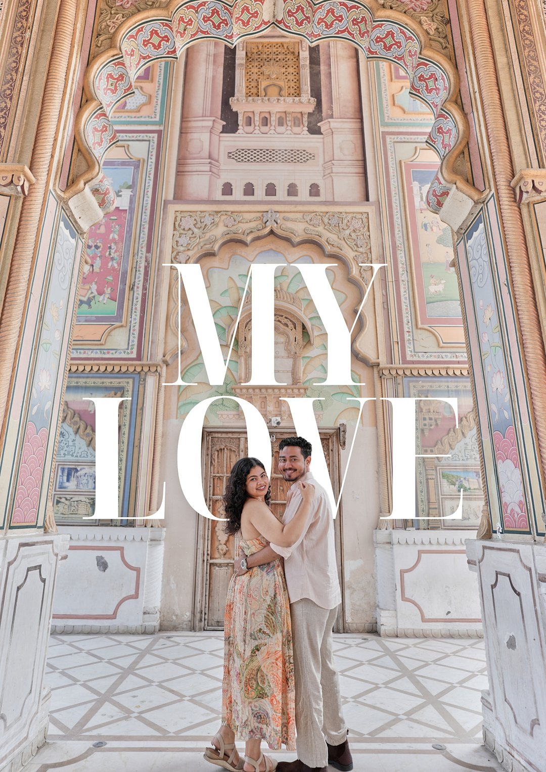 Professional pre-wedding photography by Viresh Studio in Jaipur showing a romantic couple holding hands with ring close-up and traditional architecture backdrop