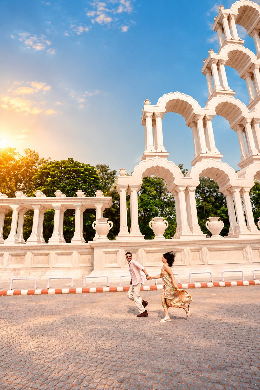 Cinematic pre-wedding film poster style photography of a couple running near grand white architecture at Jaipur Toran Dwar by Viresh Studio.