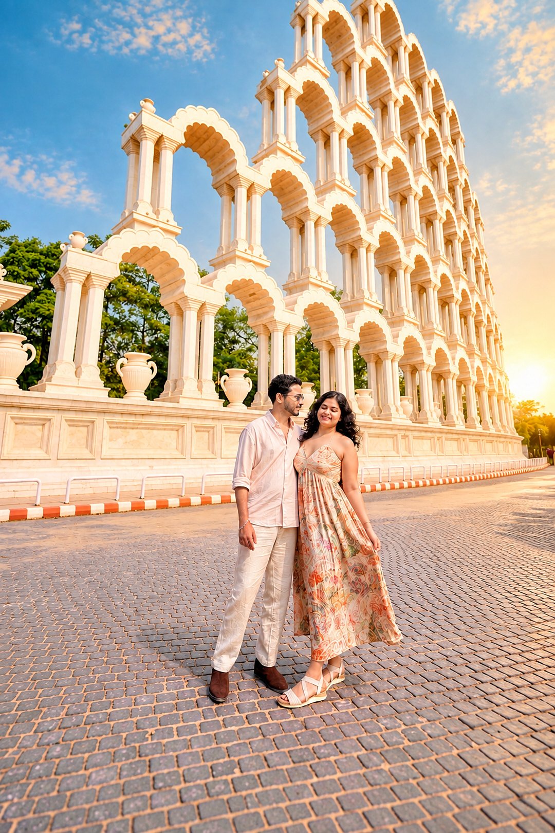 Cinematic pre-wedding film poster style photography of a couple running near grand white architecture at Jaipur Toran Dwar by Viresh Studio.