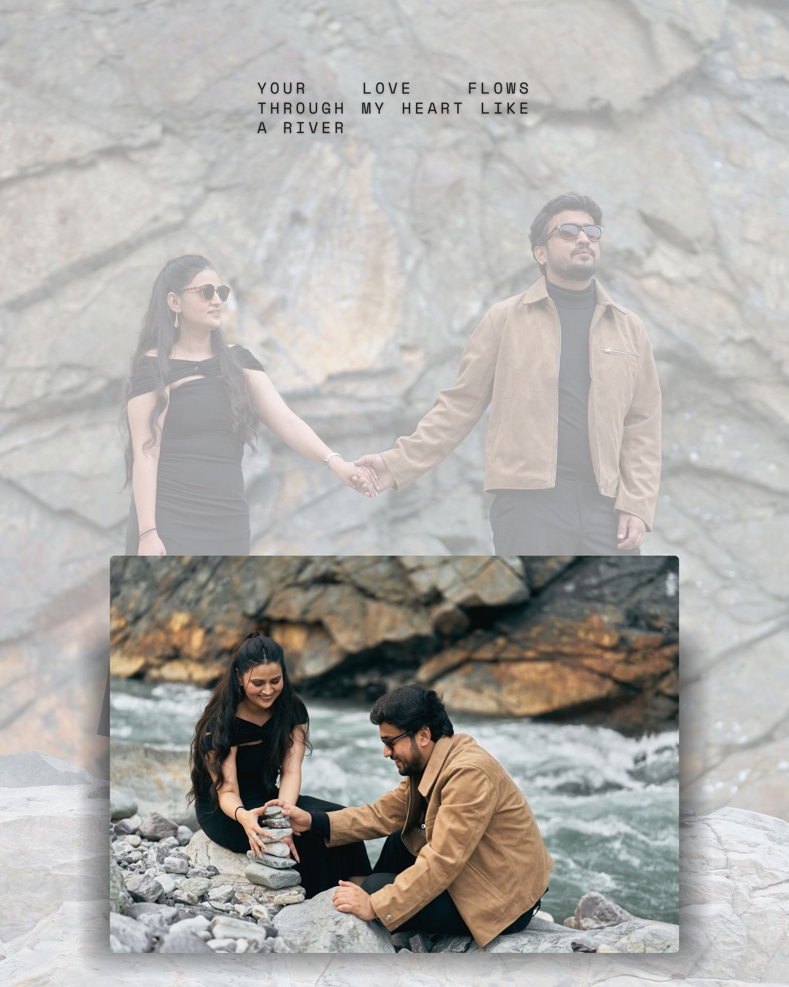 Couple standing by the river with a suspension bridge in the background during pre-wedding shoot
