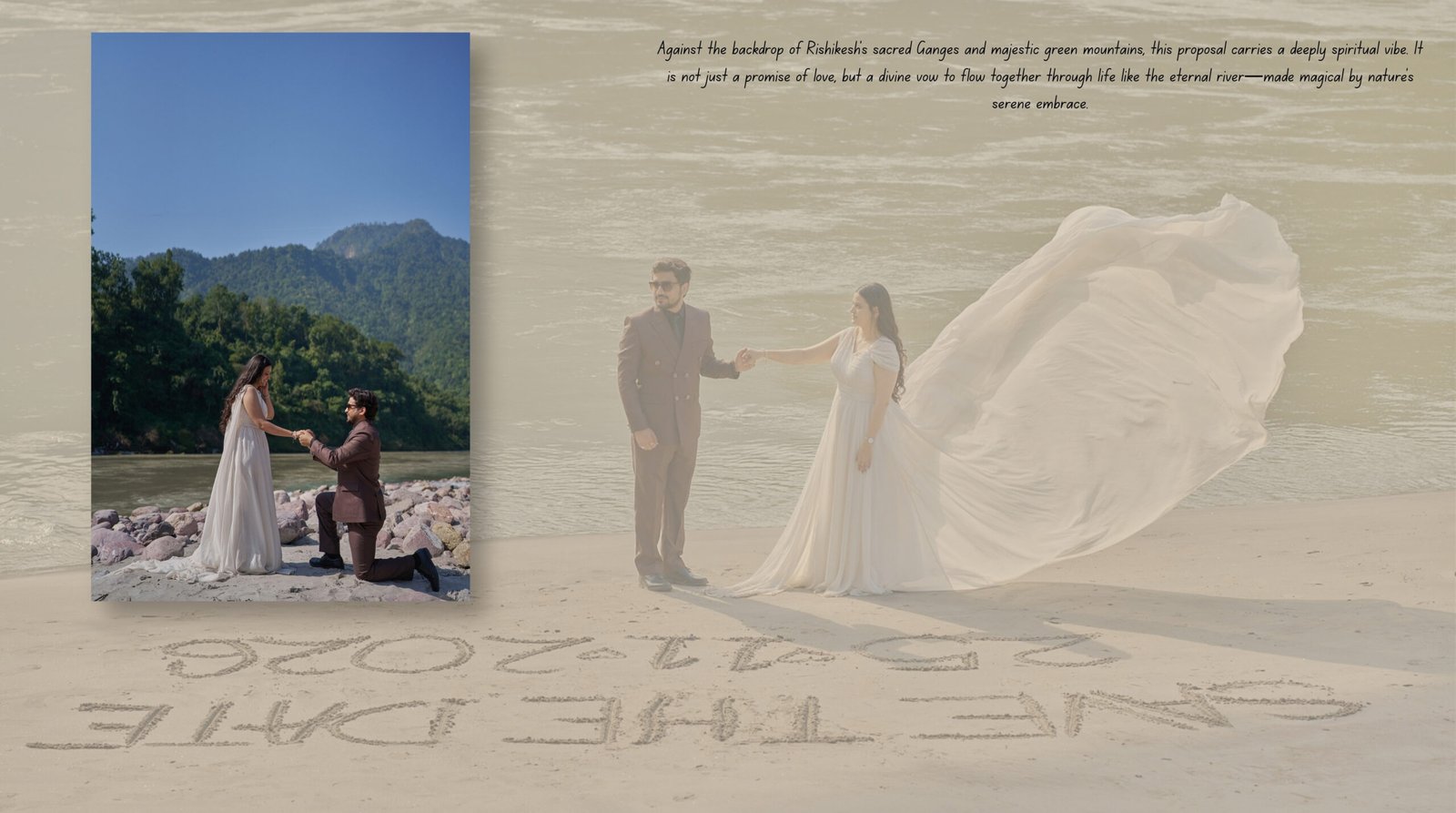 Couple in formal attire standing by the river with majestic mountains and clouds in Rishikesh