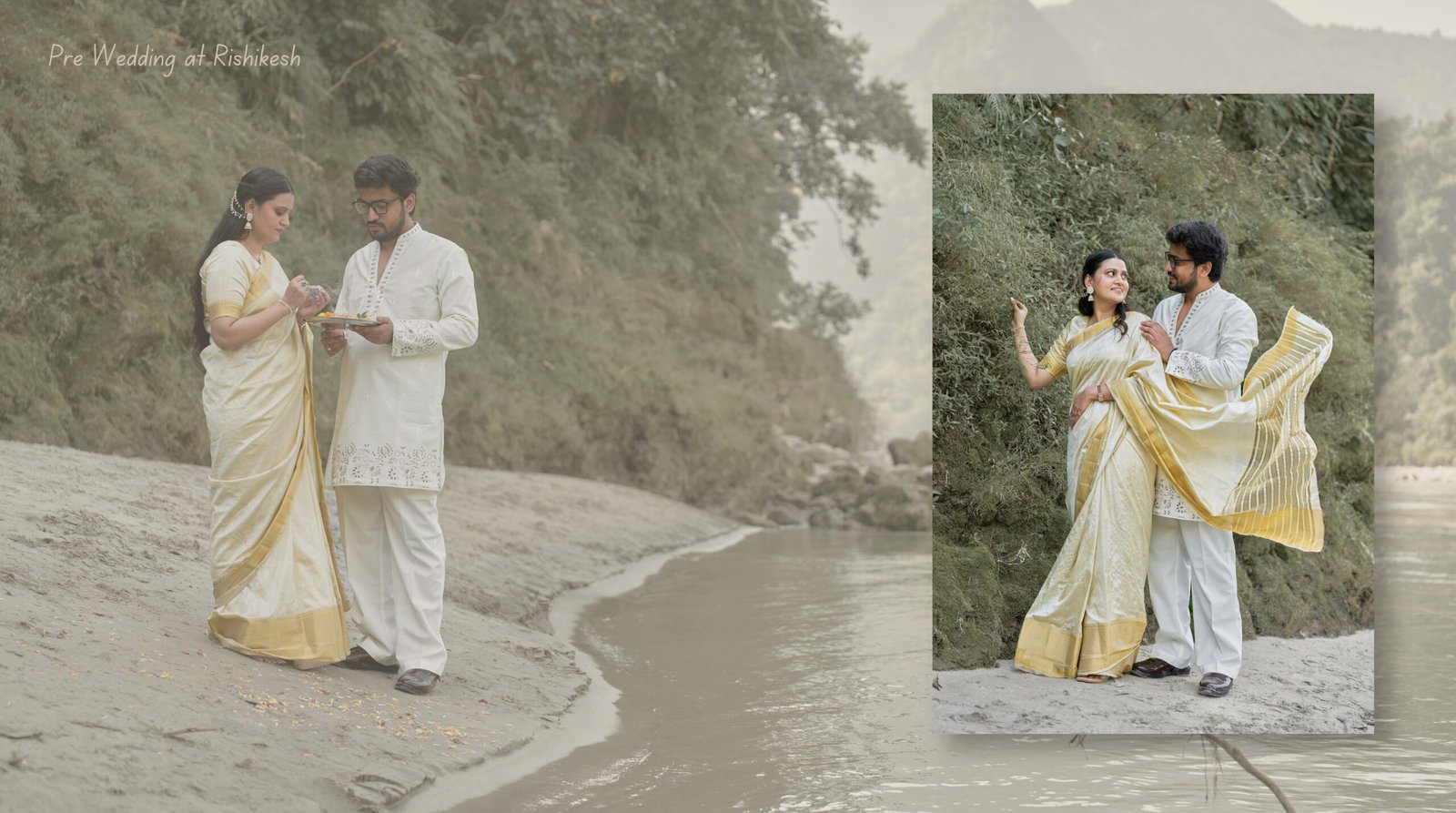 Romantic couple holding hands on a riverbank during destination pre-wedding photography in Rishikesh